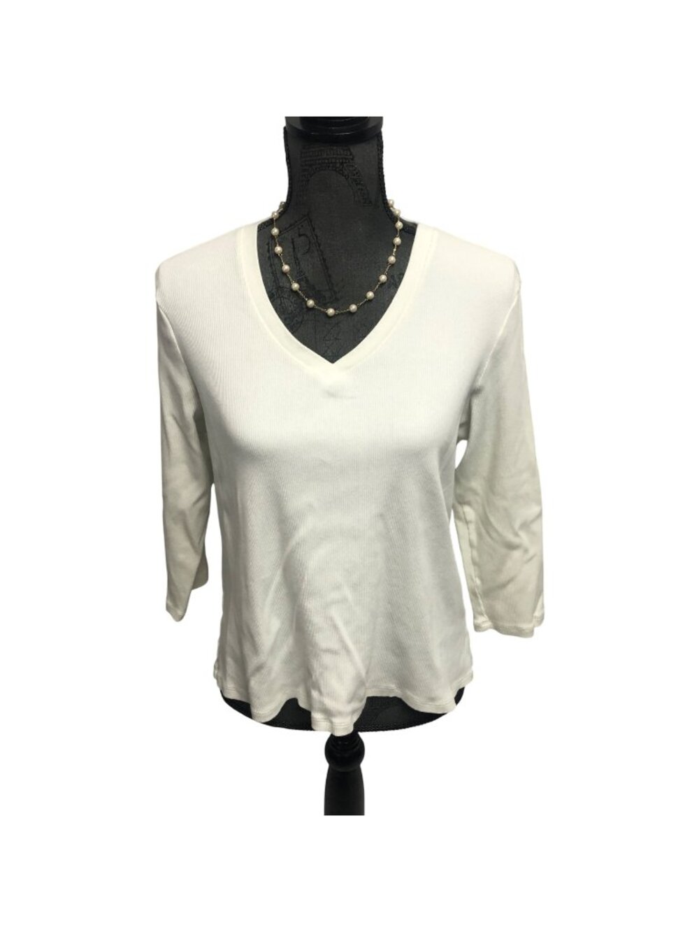 Lands End Ribbed Top Womens Size Large 14-16 White V Neck Shirt Casual Layering
